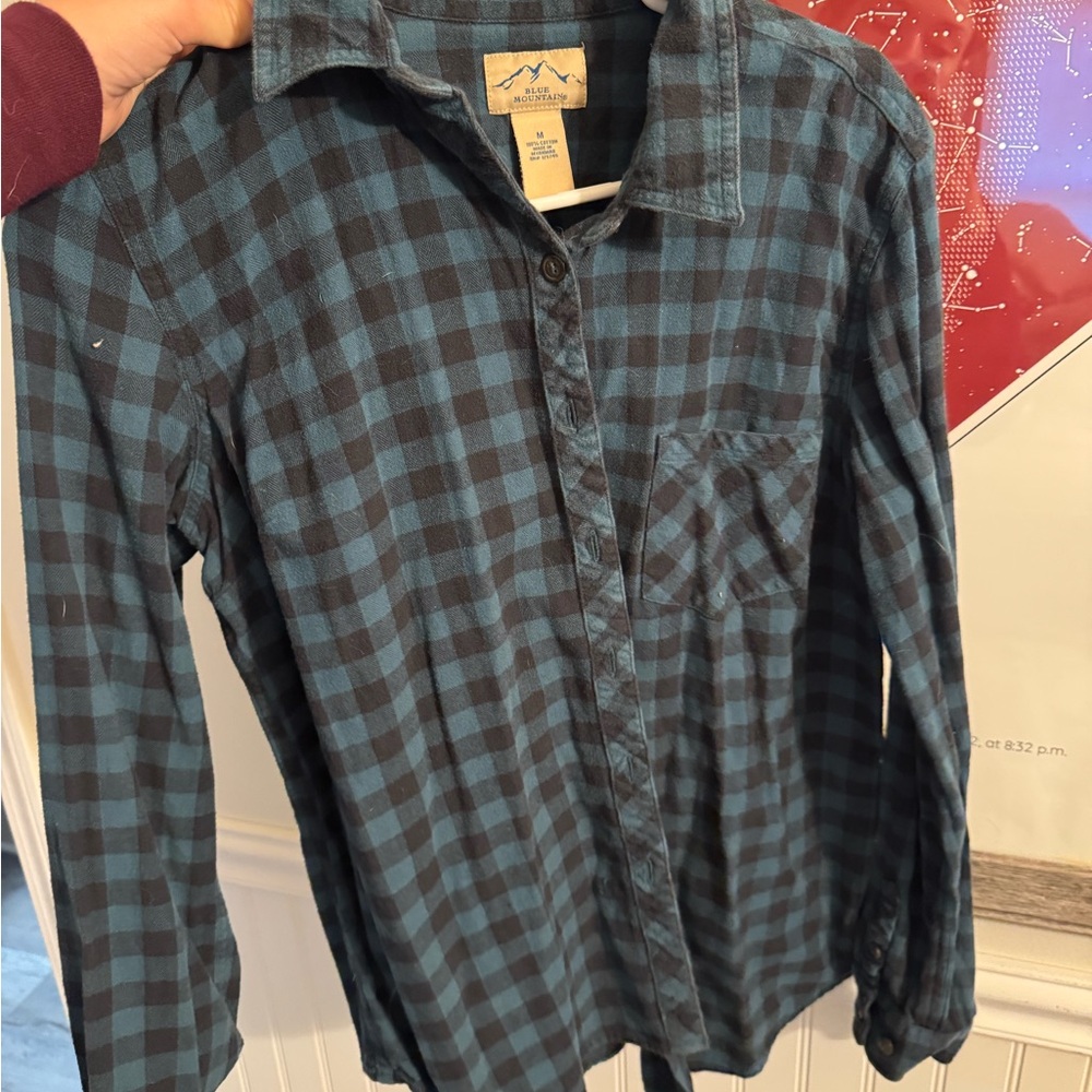 Women's Blue and Black Plaid Button Down Shirt